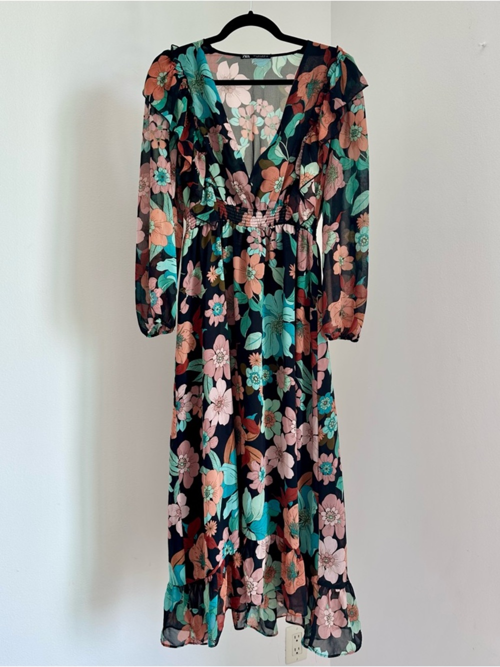 Boho Maxi Dress with Teal & Blush Floral Print